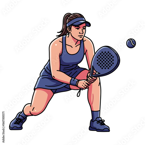 Dynamic padel player poised to hit the ball with determination, action shot in vibrant illustration style, perfect for sports marketing