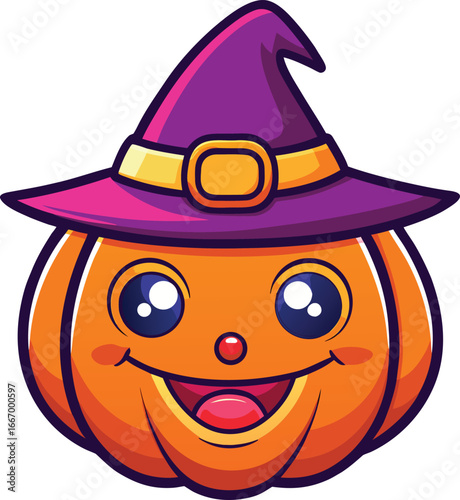 Vector art of cute cartoon pumpkin wearing a witch hat, smiling happily, , perfect for halloween celebrations and autumn decorations