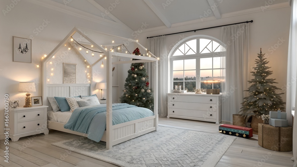 Fototapeta premium White minimalist bohemian child bedroom with stockings on bedframe and canopy bed by window for US homes