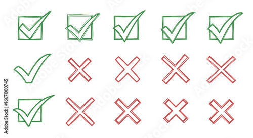 Hand-drawn green checkmarks and red crosses symbolizing options, choices, and decisions for business projects