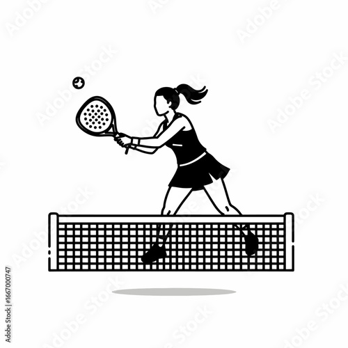 Dynamic illustration of a female padel player hitting the ball during a match, showcasing power and athleticism with a modern design