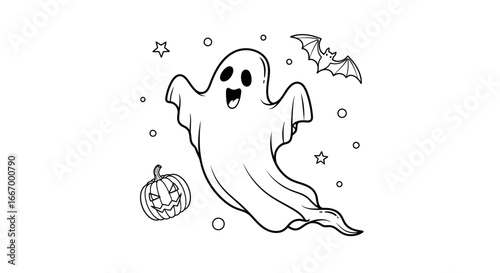 Playful cartoon ghost with happy expression flies with bat and jack-o-lantern for Halloween fun