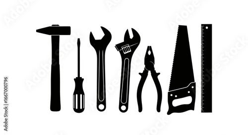 Essential tools for any project a hammer, screwdriver, wrenches, pliers, saw, and ruler