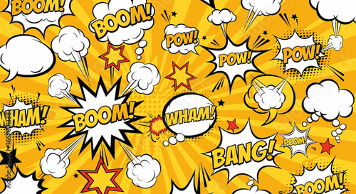 Dynamic comic book explosion with "Boom" and "Wham" sound effects on vibrant yellow background