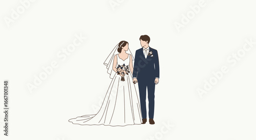 Elegant bride and groom holding hands, celebrating love and union on wedding day.