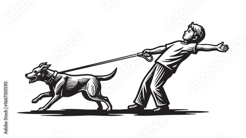 Boy struggling to control energetic dog on leash, playful illustration in dynamic black and white