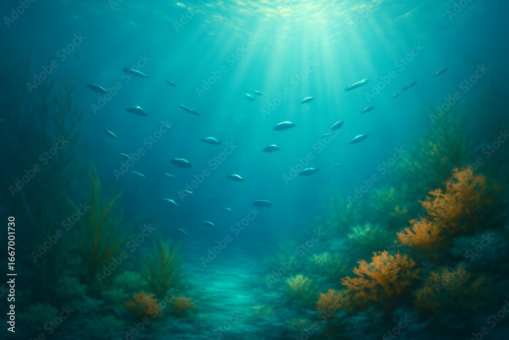 Fototapeta premium Sunlight streams through clear blue ocean water illuminating a vibrant coral reef ecosystem with fish swimming