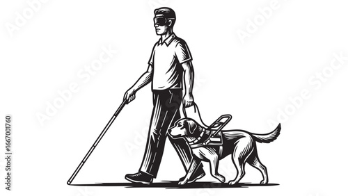 Man with guide dog confidently navigating everyday life in black and white illustration