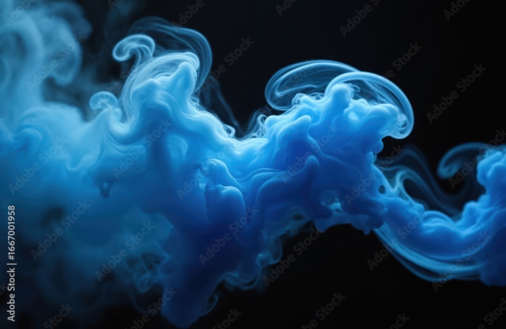 Fototapeta premium Vivid blue smoke flows in elegant swirls against dark background. Abstract motion, shapes create dynamic, flowing wave pattern. Vibrant blue smoke cloud perfect for backgrounds, digital art, visual