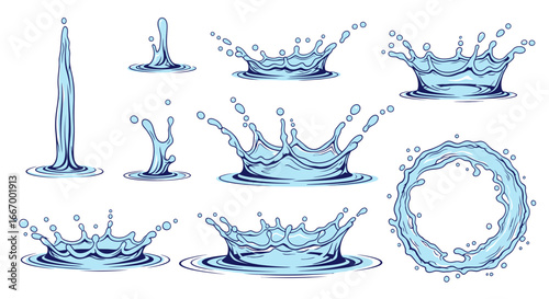 Dynamic water splashes and droplets create a refreshing, clean visual for any project