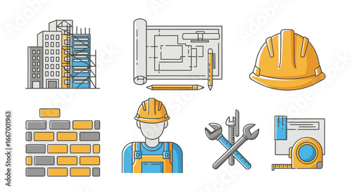 Professional construction icons building blueprints safety helmet tools and materials for industry projects