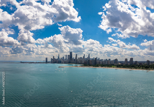  Drone Aerial View of Chicago Skyline with Willis Tower and Downtown Skyscrapers, Illinois”