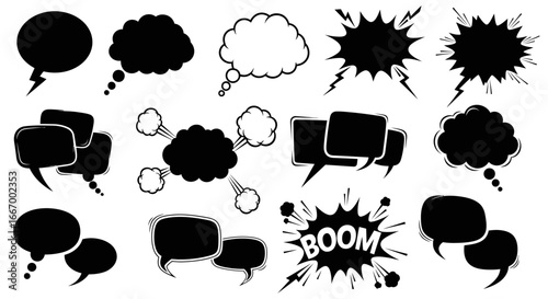 Collection of various black and white comic book speech bubbles in different shapes and styles.