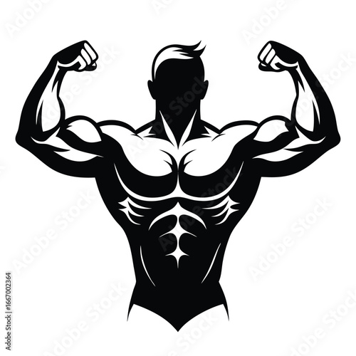 Black Silhouette of a Bodybuilder Flexing His Muscles and Showing Abs and Chest