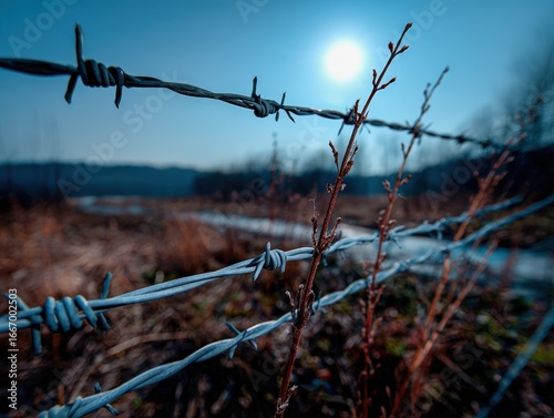 Barbed wire against a vibrant sunny sky