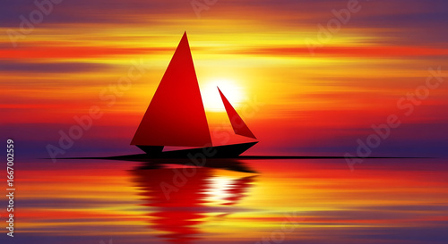 A red sailboat sailing on the water during a vibrant sunset scene