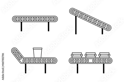 Set of Conveyor Belt Systems for Various Industrial Applications, Including Inclined and Flat Configurations