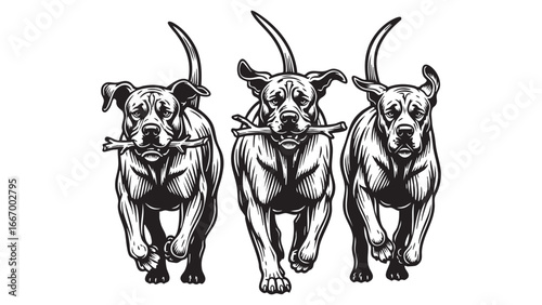 Three determined dogs running towards the viewer carrying sticks, perfect for pet-related projects