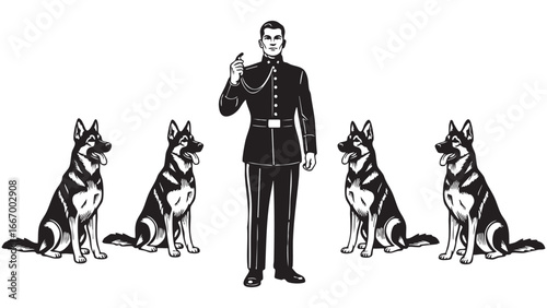 Police officer with German Shepherds demonstrating obedience and control in stylized illustration