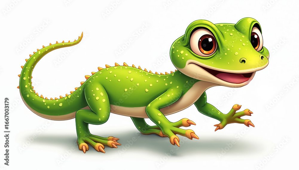 Fototapeta premium Cute cartoon gecko illustration. Adorable green reptile with big eyes, smiling mouth, showing tongue. Happy character, friendly gecko, charming addition for children education, wildlife themes,