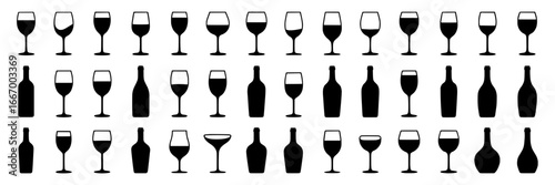 Collection of 30 Black Wine Glasses and Bottles: Icons for Menu, Website, or App