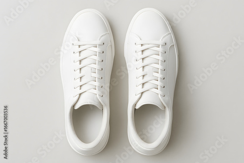Wallpaper Mural Stylish White Sneakers: A pristine pair of classic white sneakers, perfectly presented from a top-down perspective, showcasing their clean lines and timeless appeal. Torontodigital.ca