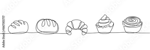 Five Bakery Items: Continuous Line Drawing of Bread, Croissant, and Cupcakes
