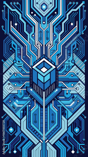 Intricate and stylized blue circuit board design with geometric patterns and glowing elements