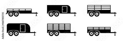 Six Black and White Utility Trailer Icons: Enclosed, Open, and Flatbed Styles