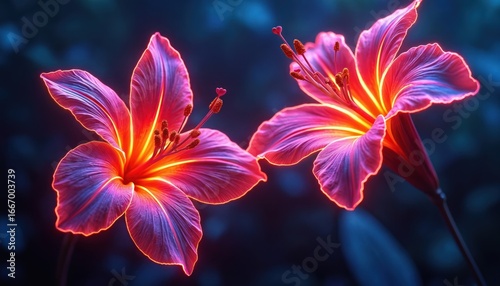 Vibrant digital illustration features two neon tropical flowers glowing with intense magenta, pink, purple hues against dark, blurred background. Exotic botanical elements showcase luminous,