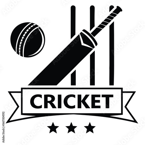 Iconic cricket emblem with bat ball wicket and stars symbolizing sport victory