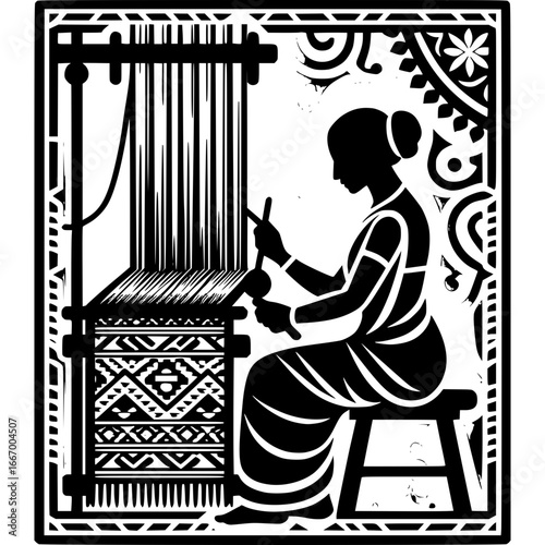 Artisan Weaver: A graceful artisan skillfully weaves on a traditional loom, celebrating heritage and craftsmanship. The image showcases intricate patterns and dedication to time-honored techniques.