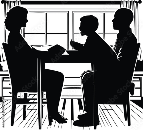 Silhouette of Family Sitting at Dining Table, Parenting, Mealtime and Togetherness Concept