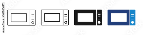 Microwave oven icon set with editable stroke in outline, flat, solid. Vector