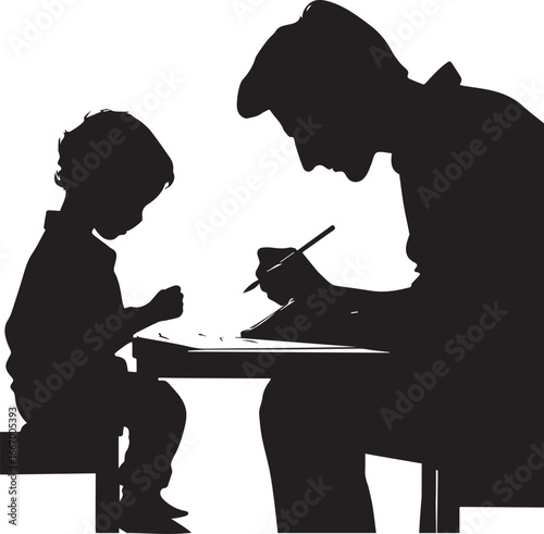 Silhouette of Man Drawing with Child at Table, Family Bonding and Creative Learning