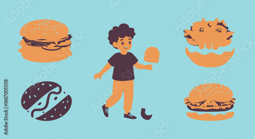Joyful child with delicious burgers and sweet lollipop, celebrating food fun and childhood treats