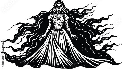Ethereal spectral woman figure rendered in an ornate detailed vector illustration with vibrant colors and elegant typography