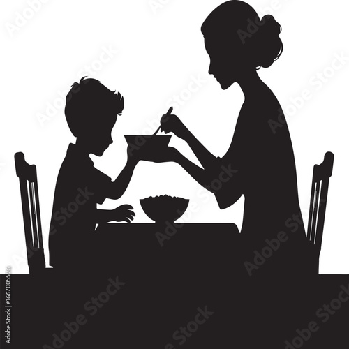 Silhouette of Mother Feeding Child at Table, Parenting, Family Bonding and Care Concept