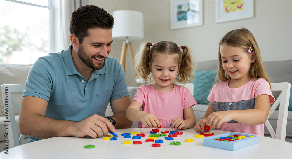 Fototapeta premium Happy family playing colorful educational game together at home strengthening bonds and developing cognitive skills joyful playtime learning through play family fun quality time