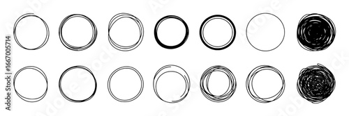 Collection of 16 Hand-Drawn Circle Icons: Variations in Line Weight, Style, and Fill