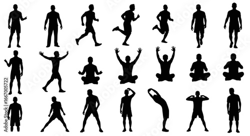Dynamic male silhouettes capture fitness, yoga, and active lifestyles with diverse poses