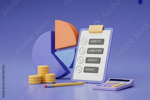 Financial Planning and Goal Setting Illustration with Pie Chart Checklist Calculator Pencil and Coins for Business Success and Investment Strategy on Purple Background
