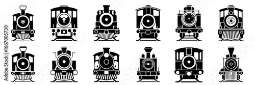 Twelve Vintage Train Locomotive Icons: Front View, Black Silhouette, Simple Style