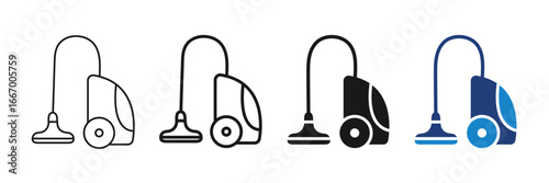 Vacuum cleaner icons set with editable stroke in outline, flat, glyph, and blue variations