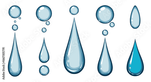 Captivating clear water drops in various forms, perfect for refreshing visuals and clean design projects