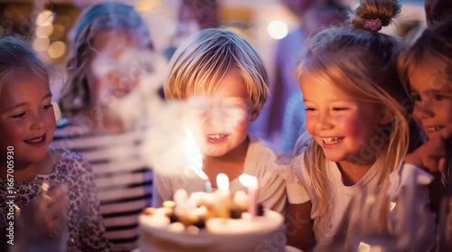 A cute little birthday boy blows out the candles on his cake, while his happy friends applaud and smile. Children's birthday