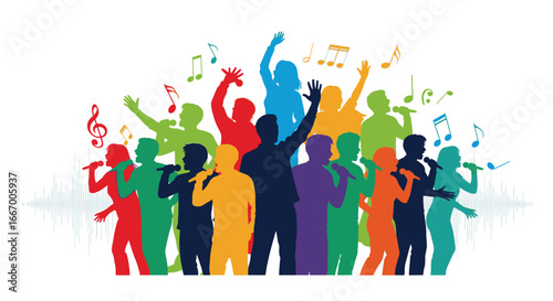 Vibrant diverse crowd singing joyfully with microphones and musical notes creating energetic party vibes