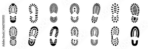 Collection of 16 Unique Black Shoe Print Icons: Varied Designs in a 4x4 Grid on White Background