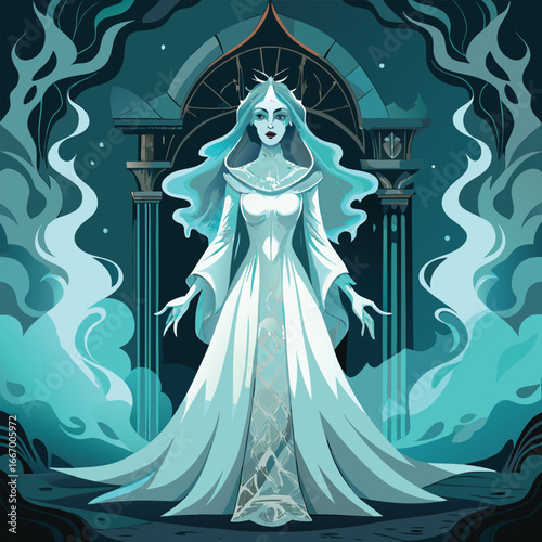 Abstract spectral woman with ornate floral and geometric elements vibrant color palette