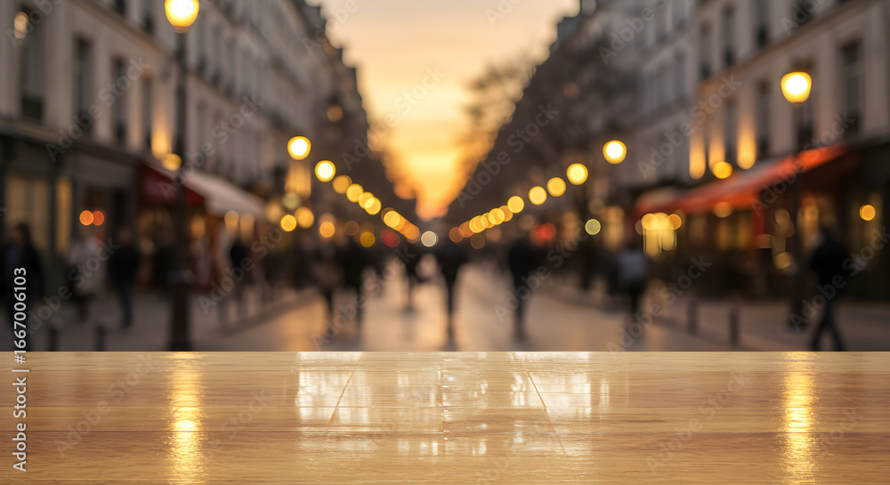 Obraz premium Romantic Parisian Evening Street Scene Blurred Background Wooden Tabletop Display Product Showcase